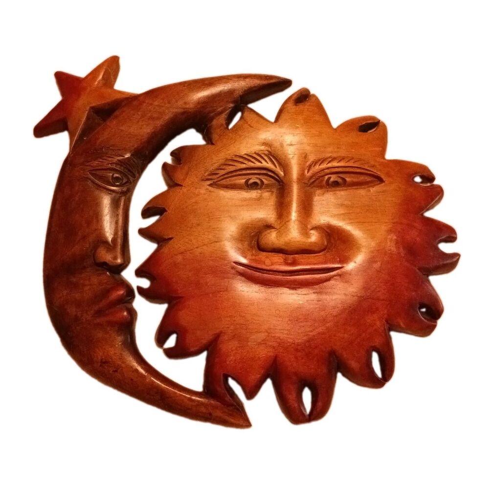 One Piece Folk Art Wooden Hand Carved Moon Sun & Star 14”x12” Wall Hanging READ